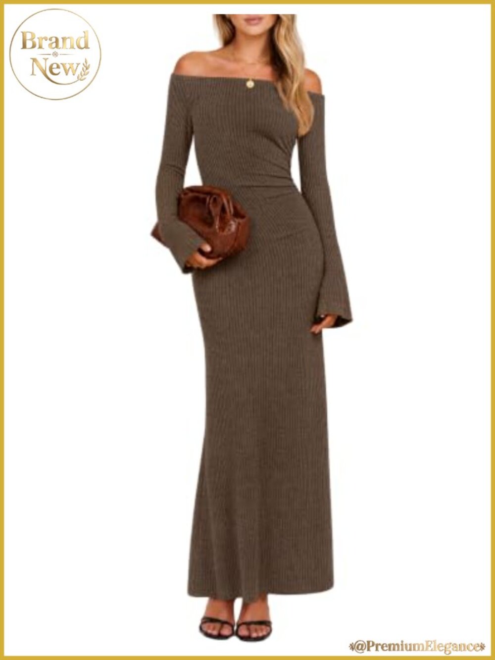 Long Sleeve Off Shoulder Ruched Bodycon Rib Knit Mermaid Maxi Dress